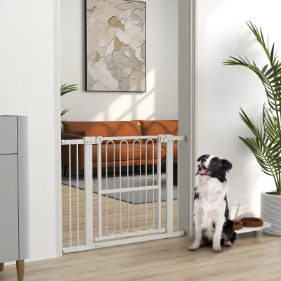 Hundegitter Türschutzgitter 76–104 cm, weiss, ohne Bohren, 76 cm hoch, doppelte Verriegelung