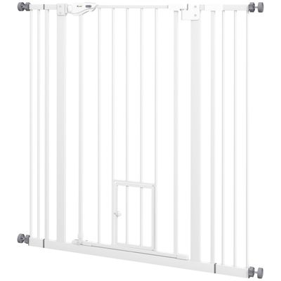 Hunde-Absperrgitter 104 cm hoch, weiss, automatische Schliessung, Doppelverriegelung, mit Katzenklappe