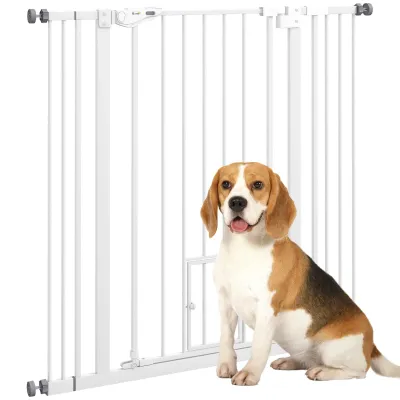 Hunde-Absperrgitter 104 cm hoch, weiss, automatische Schliessung, Doppelverriegelung, mit Katzenklappe