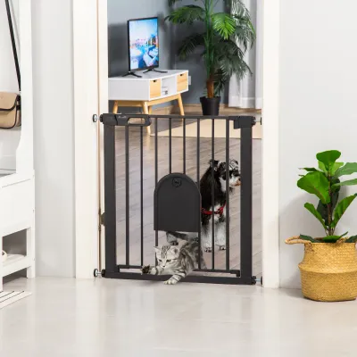 Hundegitter mit Katzenklappe, automatisch schliessend, 75–82 cm, Doppelverriegelung, schwarz, Stahl