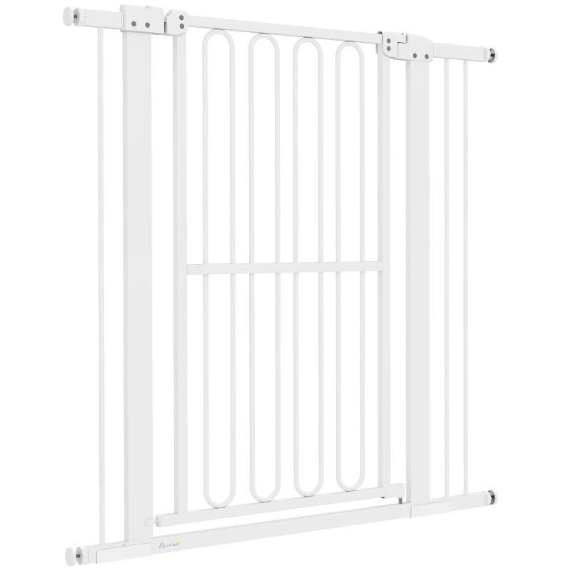 Hundegitter 76–104 cm, 104 cm hoch, ohne Bohren, Doppelverriegelung, weiss