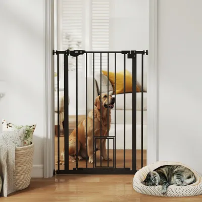 Hunde-Absperrgitter Mit Katzenklappe 104 cm hoch, selbstschliessend, doppelte Verriegelung, schwarz