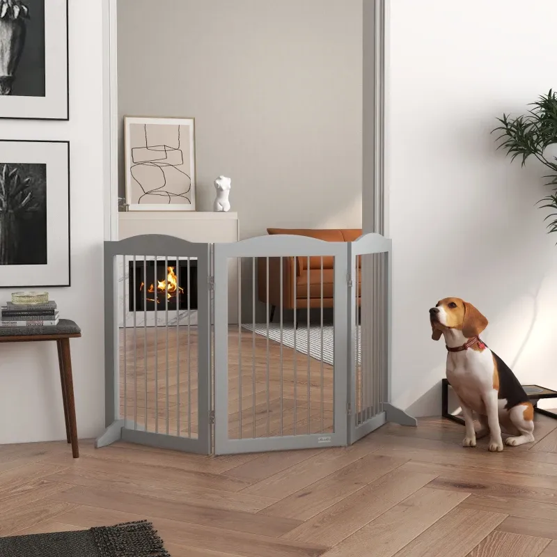 Freistehendes Faltbares Hundegitter 3 Paneele, 154x30x80 cm, grau, MDF, mit Stützfüssen, flexibel