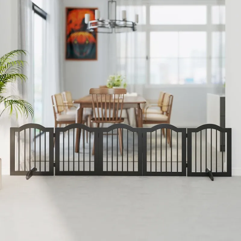Freistehendes Absperrgitter Hund 5 Paneele, 261,5x29,5x61 cm, schwarz, klappbar, mit Stützfüssen