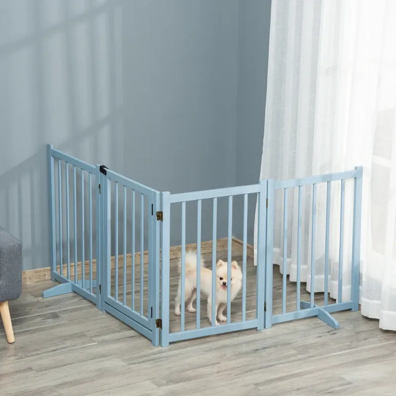 Freistehendes Hunde-Faltgitter 4 Paneele, 237,5x36x80 cm, grau, Kiefernholz, mit Tür