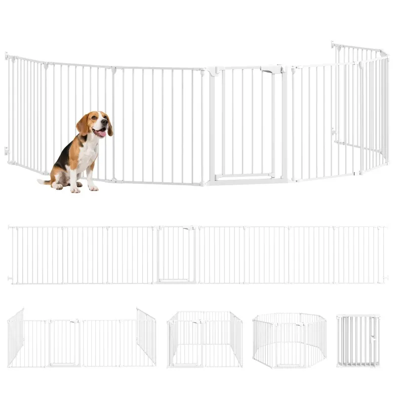 Hundegitter, Haustierzaun 8 Paneele, weiss, faltbar, mit Tür, Kohlenstoffstahl, Kindersicher