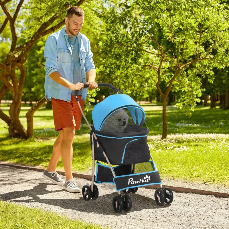 Hundebuggy, Pet Stroller Hundewagen Wandelbar – 2 Leinen, Kissen, Stahl, Blau/Schwarz