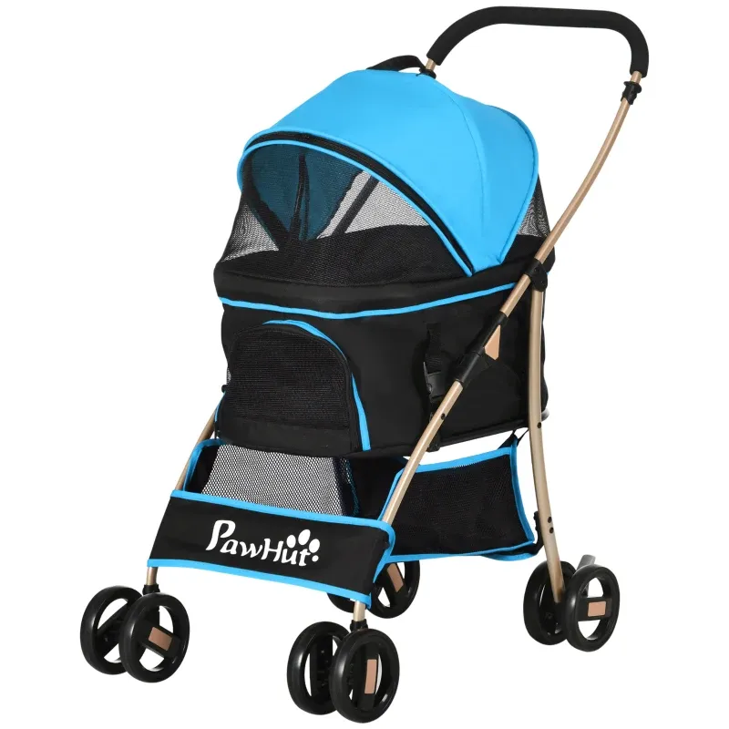 Hundebuggy, Pet Stroller Hundewagen Wandelbar – 2 Leinen, Kissen, Stahl, Blau/Schwarz