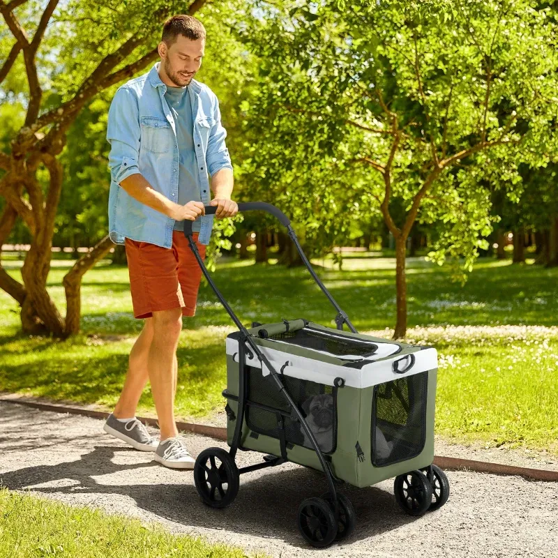 Pet Stroller Hundewagen Hundebuggy klappbar – Korb abnehmbar, Schwarz/Dunkelgrün/Weiss
