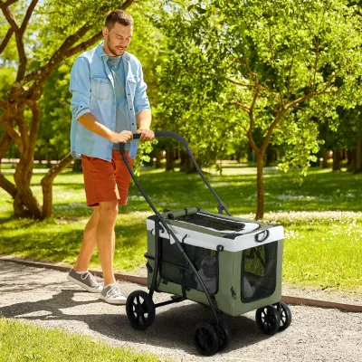 Pet Stroller Hundewagen Hundebuggy klappbar – Korb abnehmbar, Schwarz/Dunkelgrün/Weiss