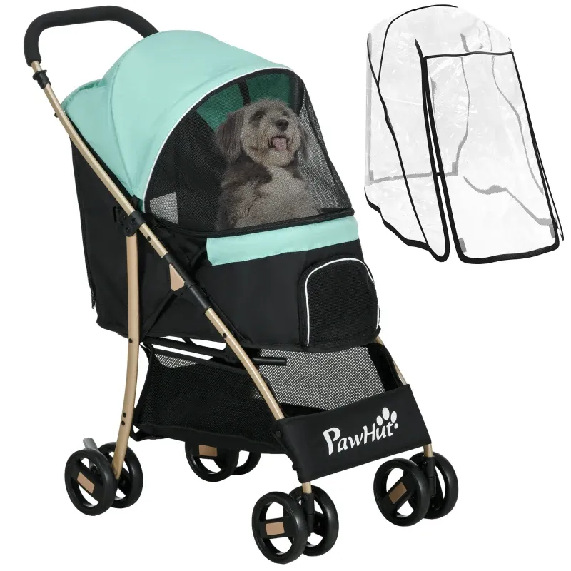 Pet Stroller Hundewagen Hundebuggy klappbar – Regenverdeck, Korb, Leine, Grün