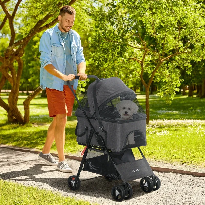 Hundbuggy Haustierbuggy Hundewagen 3-in-1 – klappbar, Transportkorb, Grau