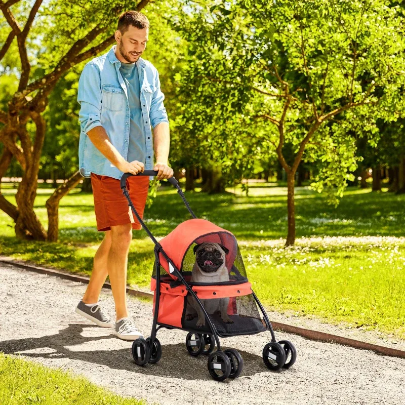 Hundbuggy Haustierbuggy Hundewagen faltbar – Sonnendach, Tasche, 2 Sicherheitsgurte, Rot
