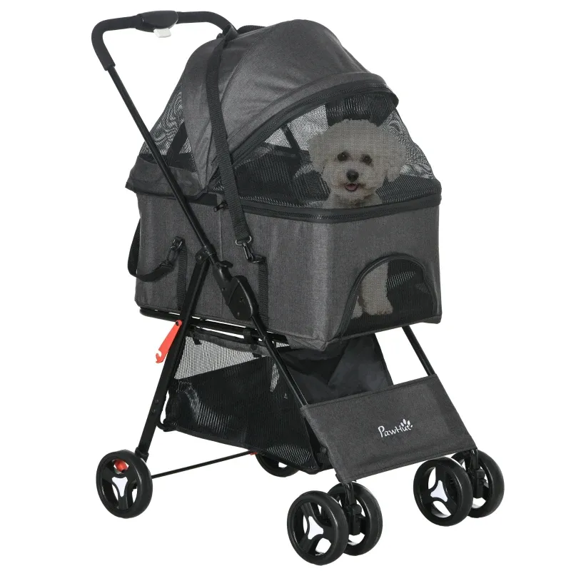 Hundbuggy Haustierbuggy Hundewagen 3-in-1 – klappbar, Transportkorb, Grau