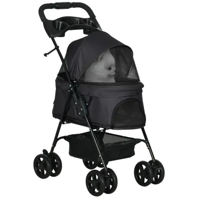 Hundewagen Hundebuggy Pet Stroller, faltbar – Korb, Getränkehalter, 4 Räder, Schwarz