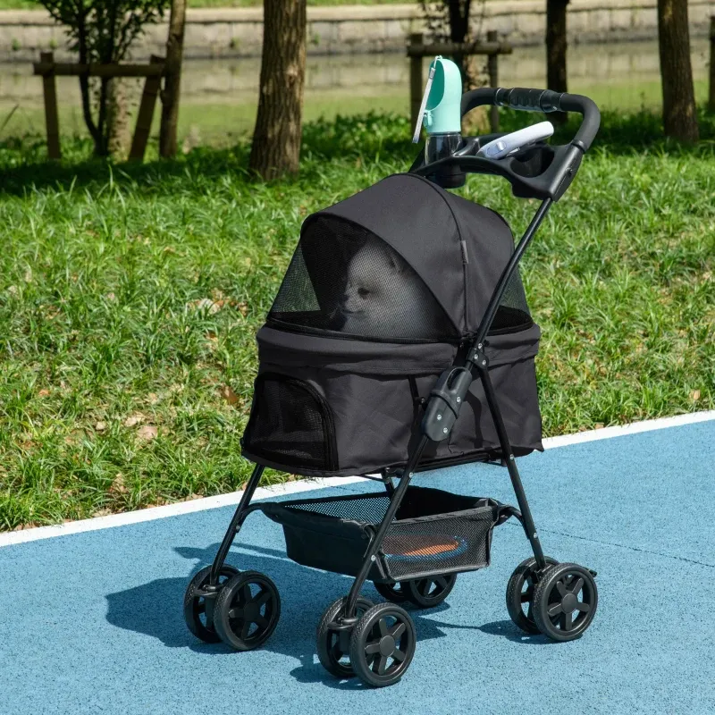 Hundewagen Hundebuggy Pet Stroller, faltbar – Korb, Getränkehalter, 4 Räder, Schwarz