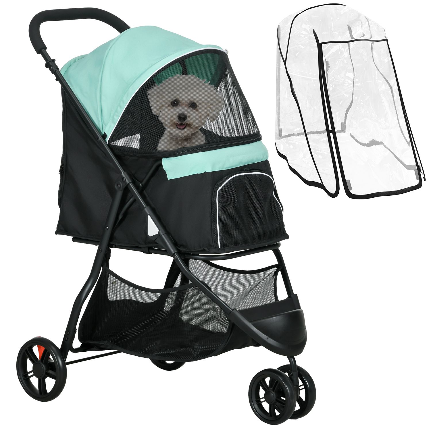 Hundewagen Hundebuggy Pet Stroller klappbar – Regenschutz, 2 Getränkehalter, Blau/Grün