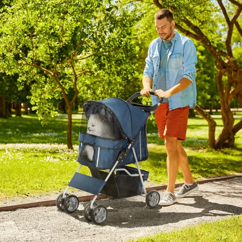 Hundewagen Hundebuggy Pet Stroller klappbar – Korb, Getränkehalter, bis 10kg, Dunkelblau