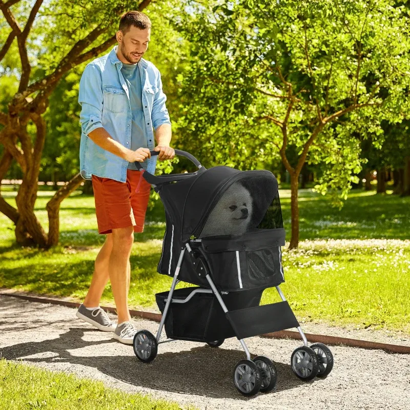 Hundewagen, Hundebuggy, Pet Stroller klappbar – Becherhalter, Sonnendach, Schwarz