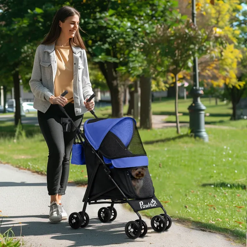 Hundebuggy, Hundewagen, Pet Stroller klappbar – Sicherheitsleinen, Netzfenster, Dunkelblau