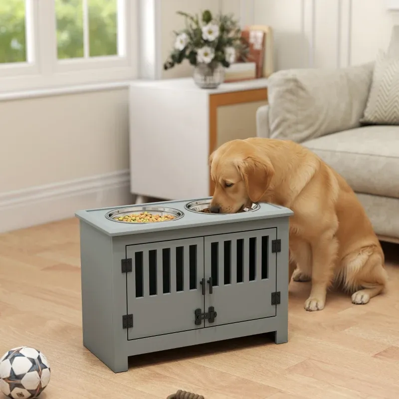 Erhöhte Futterstation – grosse Hunde, 2 Edelstahlnäpfe, Grau