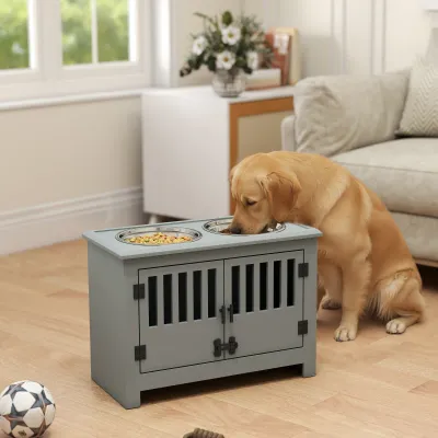 Erhöhte Futterstation – grosse Hunde, 2 Edelstahlnäpfe, Grau