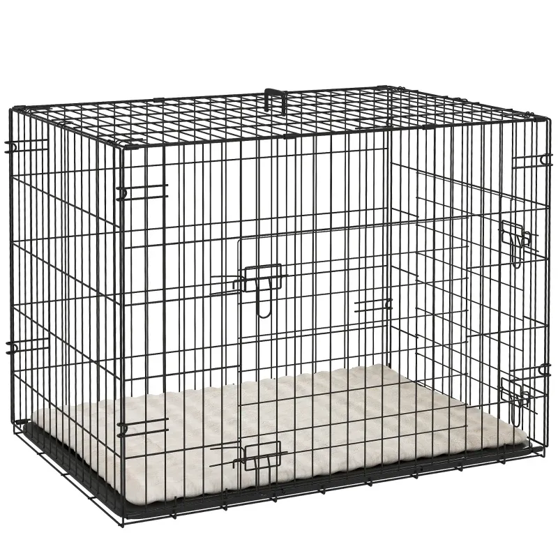 Hundekäfig Hundebox Transportkäfig (75x48,5x53cm)  – klappbar – 2 Türen, Bodenschale, Kissen, Schwarz