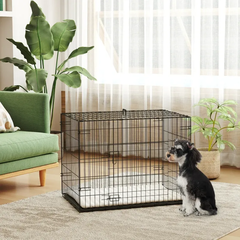 Hundekäfig Hundebox Transportkäfig (75x48,5x53cm) – klappbar – 2 Türen, Bodenschale, Kissen, Schwarz