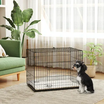 Hundekäfig Hundebox Transportkäfig (75x48,5x53cm) – klappbar – 2 Türen, Bodenschale, Kissen, Schwarz