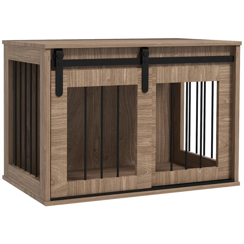 Hundebox, Hundekäfig Holzoptik (57x80x54 cm) – Schiebetür &amp; Beistelltisch
