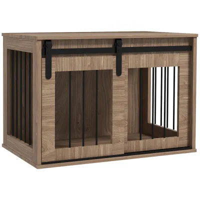 Hundebox, Hundekäfig Holzoptik (57x80x54 cm) – Schiebetür &amp; Beistelltisch
