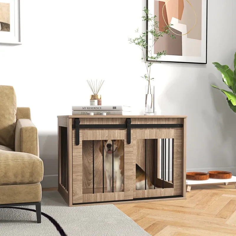 Hundebox, Hundekäfig Holzoptik (57x80x54 cm) – Schiebetür & Beistelltisch