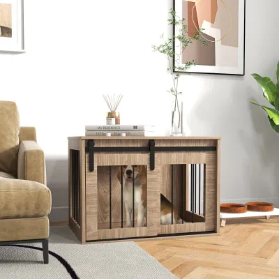 Hundebox, Hundekäfig Holzoptik (57x80x54 cm) – Schiebetür & Beistelltisch