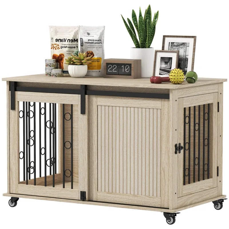 Mobile Hundebox auf Rollen Eiche – Schiebetür &amp; Belüftung (100x56x65 cm)