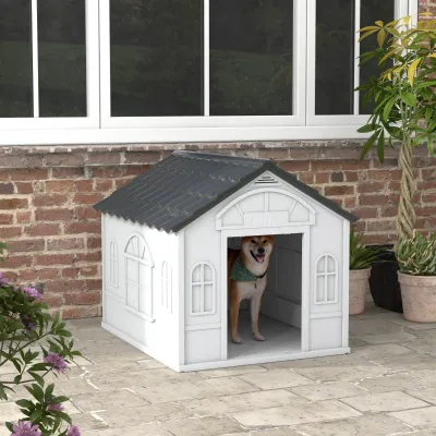 Outdoor-Hundehütte wasserdicht – PP, geneigtes Dach, 84,2x98,2x82cm, Grau
