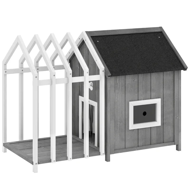 Hundehütte Holz für Innen und Aussen – Terrasse, Lamellentür, 106x62,5x80,5cm, Grau