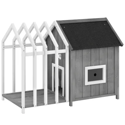 Hundehütte Holz für Innen und Aussen – Terrasse, Lamellentür, 106x62,5x80,5cm, Grau