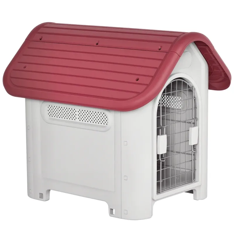 Outdoor Hundehütte, Hundebox – Dachfenster, Tor, Rot/Hellgrau