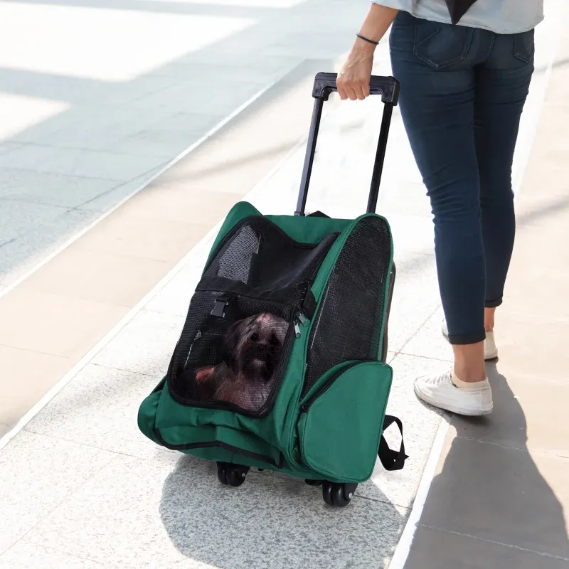 Transportrucksack 2-in-1 – für Hunde & Katzen, Seitentaschen, Teleskopgriff, Grün