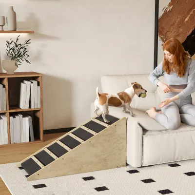 Haustiertreppe Hundetreppe – Kiefernholz, Anti-Rutsch, Natur/Grau