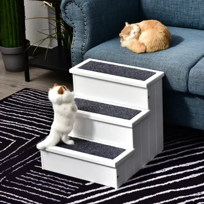 Hundetreppe Katzentreppe Haustiertreppe Weiss – 3 Stufen, Stauraum & Nadelfilz