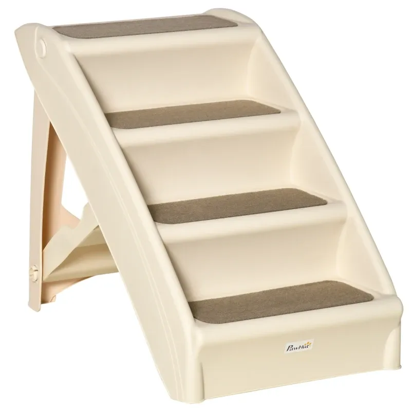 Hundetreppe Katzentreppe Klappleiter Beige – 4 Rutschfeste Stufen für Haustiere
