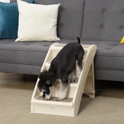 Hundetreppe Katzentreppe Klappleiter Beige – 4 Rutschfeste Stufen für Haustiere