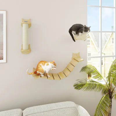 Katzenkletter-Set Naturholz – Kratzpfosten, Stufe & Leiter