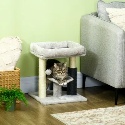 Kleiner Kratzbaum Grau – Sisal, Kugel &amp; Katzenbett