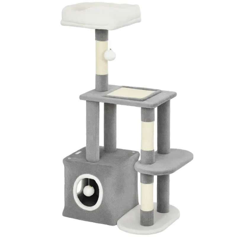 Kratzbaum Grau – Katzenhöhle, 2 Plüschbälle &amp; Sisal