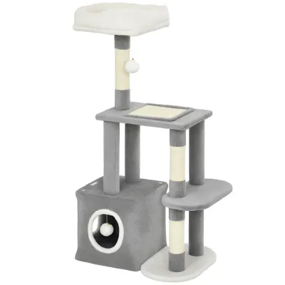 Kratzbaum Grau – Katzenhöhle, 2 Plüschbälle &amp; Sisal