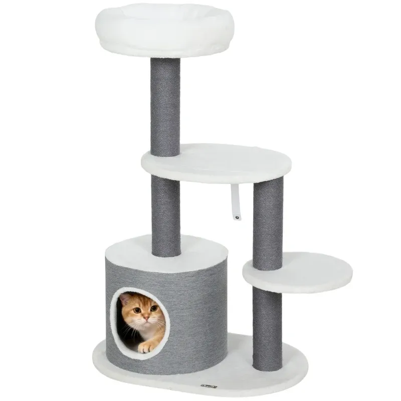 Kratzbaum Weiss/Grau – Katzenhöhle, Bett &amp; 2 Plattformen