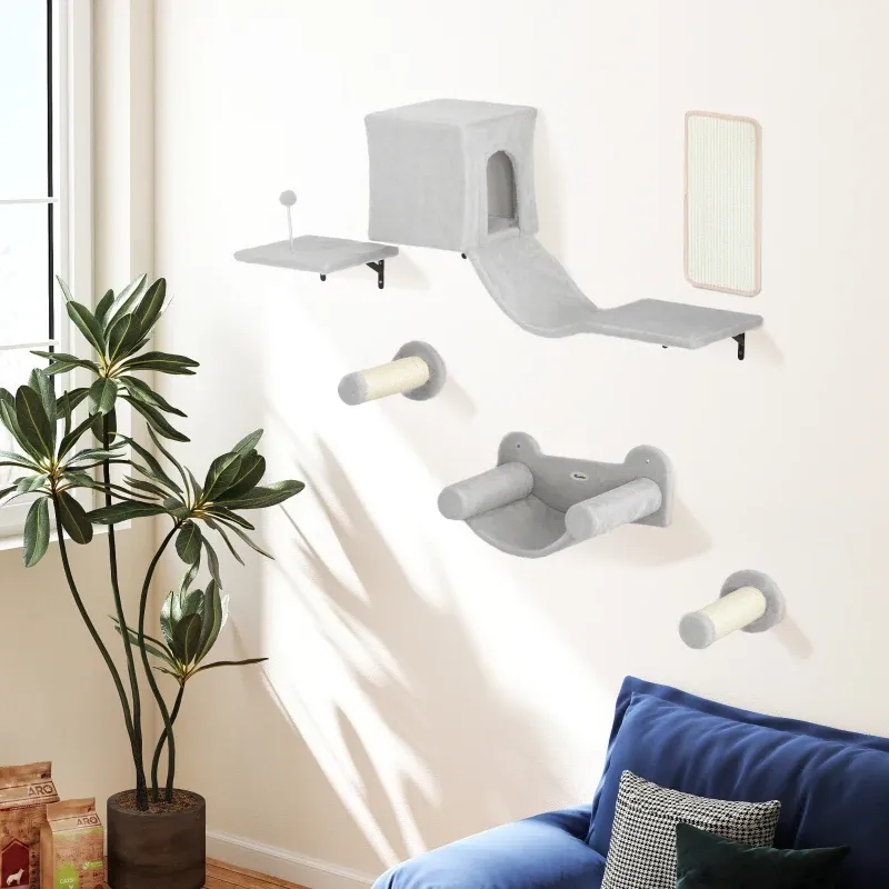 Kletterwand Katzen Grau – 6-teilig, Haus, Hängematte & Kratzbrett