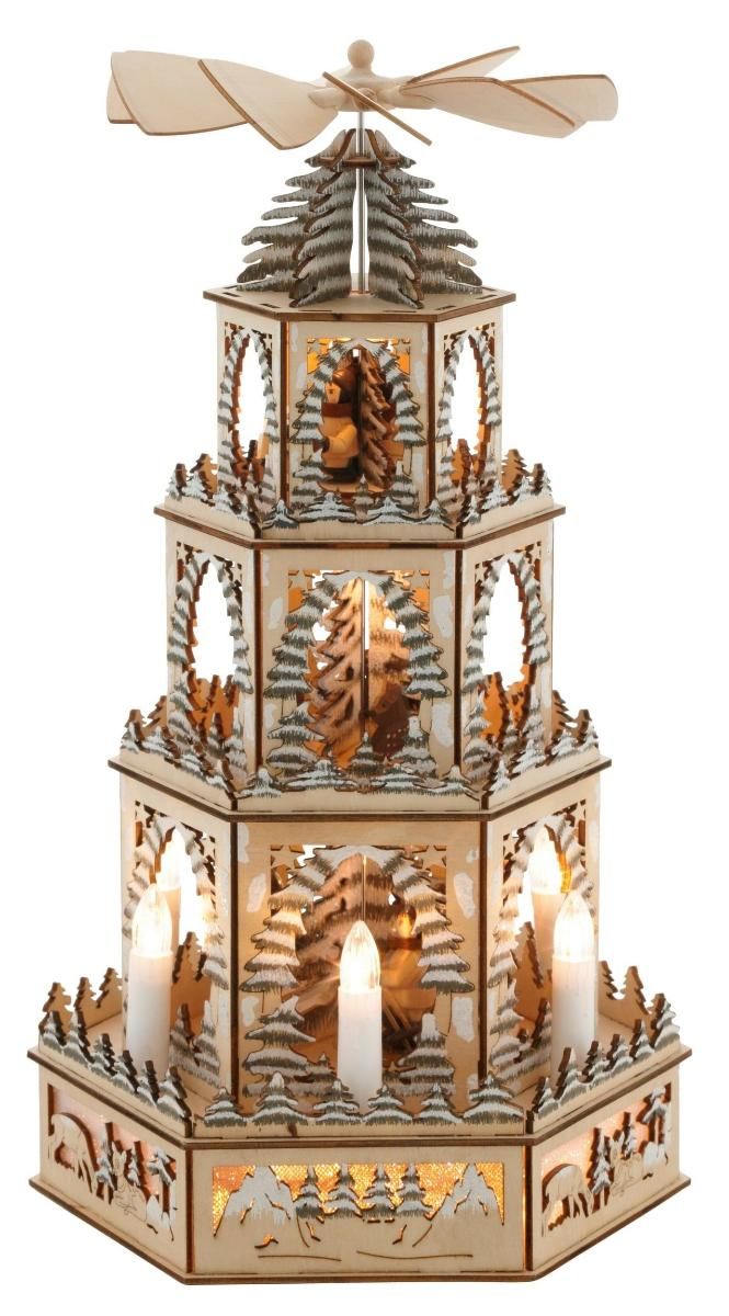 Holzpyramide Weihnachten – LED, Natur &amp; Bewegliche Figuren